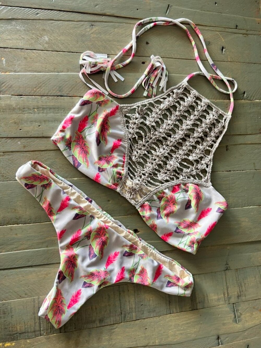 acacia swimwear White Pink Leaf Crochet High-Neck Bikini